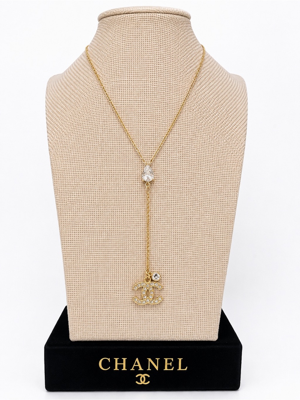 CHANEL Gold Crystal Drop Lariat Necklace